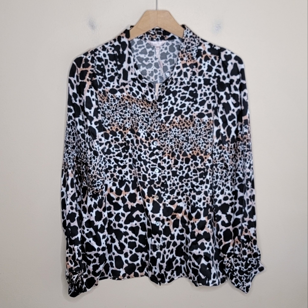 NWT Esqualo | Black Tan Ivory Scattered Leopard Print Blouse Size 4